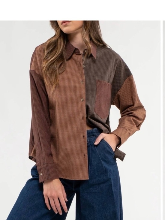 Blu Pepper Tops - Blu Pepper Brown and Tan Plaid Color Block Button Down oversized small NWT